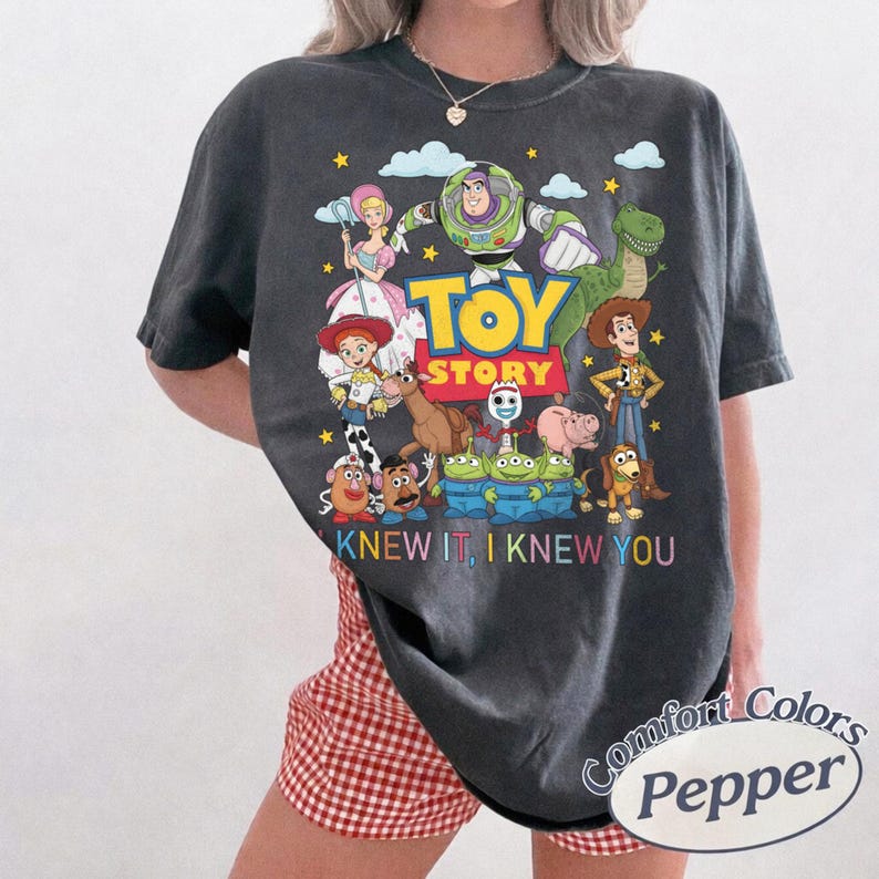 May include: A charcoal gray t-shirt featuring a colorful graphic print of Toy Story characters including Buzz Lightyear, Woody, Jessie, and the Aliens. The text reads TOY STORY and I KNEW IT, I KNEW YOU. The shirt has a crew neckline and short sleeves.