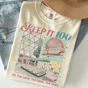 Retro Keep It 100 Comfort Colors-tröja, The Land The Seas The Skies WDW-tröja, Magic Kingdom Theme Park-tröja, WDW-familjesemestergåva, Epcot-tröja