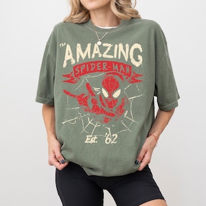 Pode incluir: Camiseta verde-oliva com um gr&aacute;fico desgastado do Homem-Aranha. O design inclui as palavras "The Amazing Spider-Man" em uma faixa, uma imagem vermelha do Homem-Aranha e "Est. '62". A camiseta tem mangas curtas e um corte folgado.