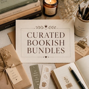 May include: A cream-colored card with the text CURATED BOOKISH BUNDLES in brown, surrounded by books, a candle, a pen, a notebook, and bookmarks. The card features a decorative border with leaves and hearts. The gift tag reads just one more chapter.