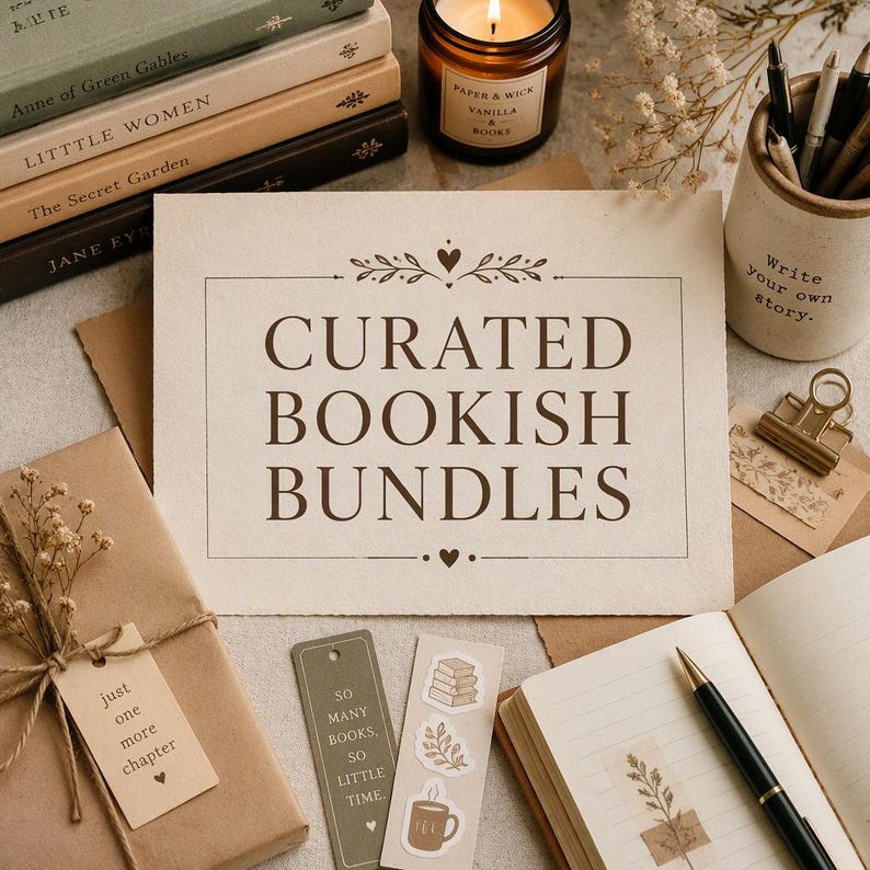 May include: A cream-colored card with the text CURATED BOOKISH BUNDLES in brown, surrounded by books, a candle, a pen, a notebook, and bookmarks. The card features a decorative border with leaves and hearts. The gift tag reads just one more chapter.