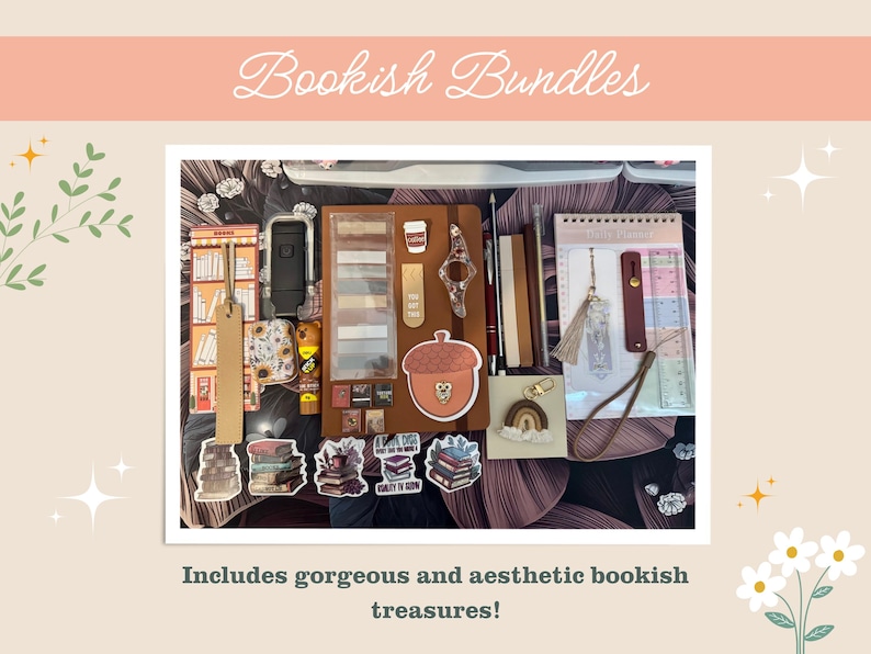 May include: A collection of stationery and reading accessories including a brown notebook, a daily planner, various bookmarks, stickers featuring stacks of books, a small acorn-shaped item, a rainbow charm, pens, and sticky note tabs arranged together.
