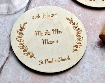 Posavasos de madera personalizado con diseño floral para bodas, compromiso, regalo de boda personalizado