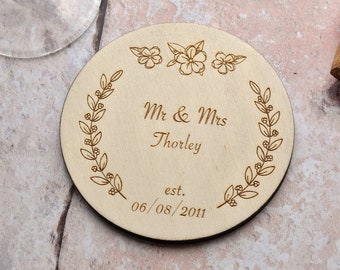 Posavasos de madera personalizado con diseño floral para aniversario, boda, regalo de compromiso personalizado