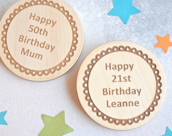 Personalised Birthday Lace Wooden Badge - Message Badge  - Party Badge