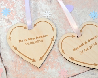 Personalised Wedding Wooden Decoration, Hanging Heart, Engagement Gift, Bride Gift
