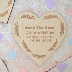 Personalised Save The Date Wooden Heart, Invitations, Hanging Heart Keepsake