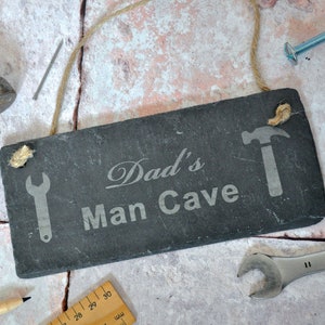 Dad&#39;s Man Cave Slate Sign, Personalised Birthday Gift, Daddy Sign