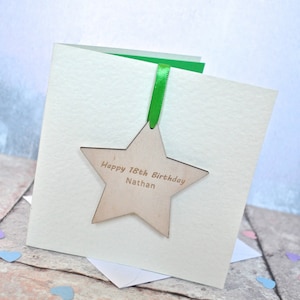 Personalised Birthday Wooden Star Decoration Card, Custom Hanging Star