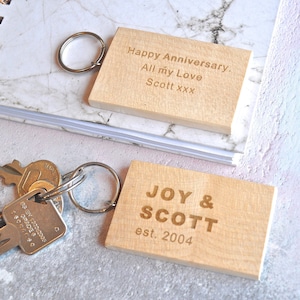 Anniversary Wooden Engraved Keyring, Personalised Gift Any Message