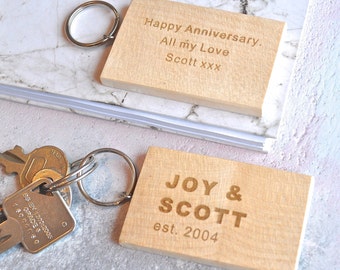Personalised Wooden Anniversary Keyring - Wedding - Engaged Gift