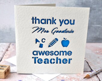 Laser Cut Thank You Teacher Personalised Card, End of School Card,