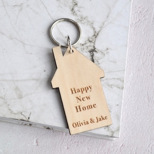 Personalised Happy New Home Wooden House Keyring, Custom Home Gift