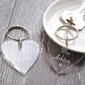 Personalised Acrylic Heart Keyring, Custom Engraved Wedding Gift, Anniversary, Gift For Her