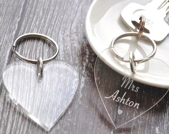 Personalised Acrylic Heart Keyring, Custom Engraved Wedding Gift, Anniversary, Gift For Her
