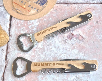 Personalised Mum's Wine Bottle Opener - Corkscrew - Beer Gift - Engraved Bottle Opener