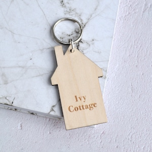 Wooden House Name Personalised Keyring, First Home Gift, Moving Home