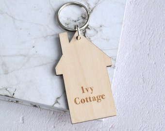 Personalised Wooden House Name Keyring - First Home - New Home Gift