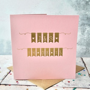 Personalised Anniversary Gold Foil Bunting Card. Wedding Custom Card