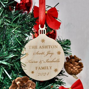Personalised Wooden Family Christmas Decoration, Hanging Bauble