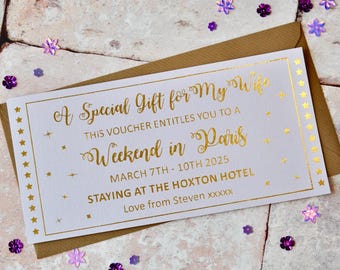 Personalised 'Weekend Away' Gold Foil Voucher, Birthday Gift, Anniversary, Gift For Her
