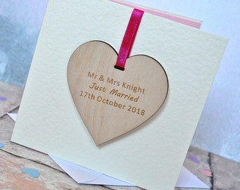 Personalised Wedding Wooden Decoration Card, Hanging Heart, Engagement Gift