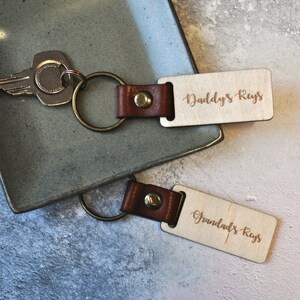 Daddy&#39;s Keys Leather and Wood Engraved Keyring, Personalised Birthday Gift