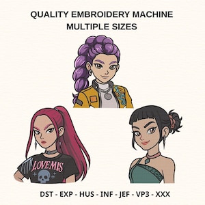 May include: Image features three stylized female portraits with varying hairstyles and outfits. The top text reads "QUALITY EMBROIDERY MACHINE MULTIPLE SIZES." The bottom text includes embroidery file formats. One portrait wears a shirt with the text "LOVE MIS" and a skull.