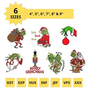 May include: A collection of Christmas-themed embroidery designs featuring the Grinch. Designs include the Grinch in various poses, a hand holding an ornament, and a nutcracker. The image includes the text "6 SIZES" and sizes from 4" to 9".