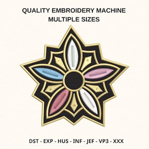 Puede incluir: Un diseño bordado en forma de estrella con fondo negro, ribetes dorados y formas de pétalos en blanco, azul claro y rosa. El texto "QUALITY EMBROIDERY MACHINE MULTIPLE SIZES" está en la parte superior. Formatos de archivo de bordado debajo.