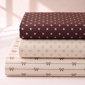 Chocolate Brown Pink Polka Dot Bow Heart Cotton Poplin Fabric Bundle, Coquette Style Coordinate Set, 55" Wide Sold By The Yard