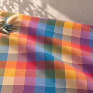 Könnte beinhalten: Ein Stoff mit einem lebendigen, mehrfarbigen Karomuster mit Quadraten in Gelb, Orange, Rot, Violett, Blau, Grün und Grau. Das Textil weist eine weiche, gefaltete Struktur auf und ist mit einem kleinen, getrockneten dekorativen Pflanzenzweig verziert.