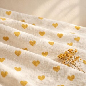 Cute Yellow Heart Fabric, Beige Natural Cotton Muslin Print, Romantic Bedding Material, Sewing Craft, 55" Wide By The Yard