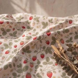 Vintage Strawberry Vine Cotton Poplin Fabric, Soft Fruit Floral Sewing Material (55" Wide)