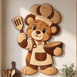 May include: A wall-mounted wooden bear decoration featuring a chef hat, an apron, and a spatula in one hand while holding a bowl in the other. The bear is crafted from light and dark wood tones, showcasing a layered, dimensional design.