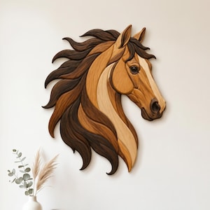 May include: A wall-mounted wooden horse head sculpture featuring layered segments in varying shades of brown, ranging from light tan to dark espresso. The design showcases a flowing mane and a detailed profile of a horse, crafted with smooth wood.