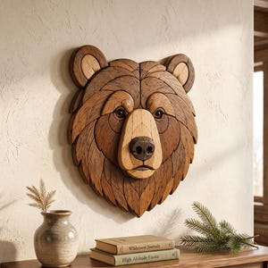Bear Head Intarsia Pattern, Scroll Saw Woodworking Template, Grizzly Bear Wood Art, Wildlife Wall Decor, PDF SVG PNG Digital Download