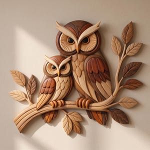 May include: A wall-mounted wooden art piece featuring two owls perched on a branch with leaves. The owls are crafted from various shades of light, medium, and dark wood, showcasing intricate grain patterns and layered textures in a natural finish.