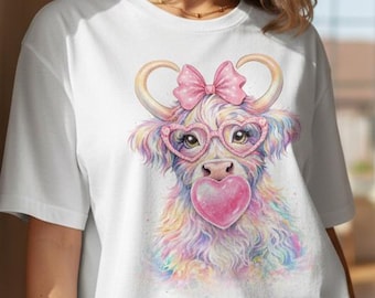 Coquette Highland Cow PNG, Bubblegum Girly Design, Pastel Sublimation (Digital Download)