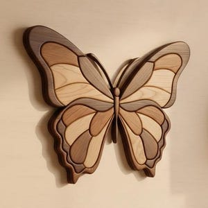 May include: A wooden butterfly wall decoration, featuring a layered design. The butterfly is made from various shades of brown and tan wood, creating a natural, textured look. The wings are intricately cut and assembled, showcasing a detailed pattern.