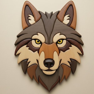 Peut inclure: Sculpture en bois représentant une tête de loup avec un design en couches. La sculpture présente différentes nuances de bois marron, gris et beige, avec des yeux jaunes et un nez noir. Une décoration murale.