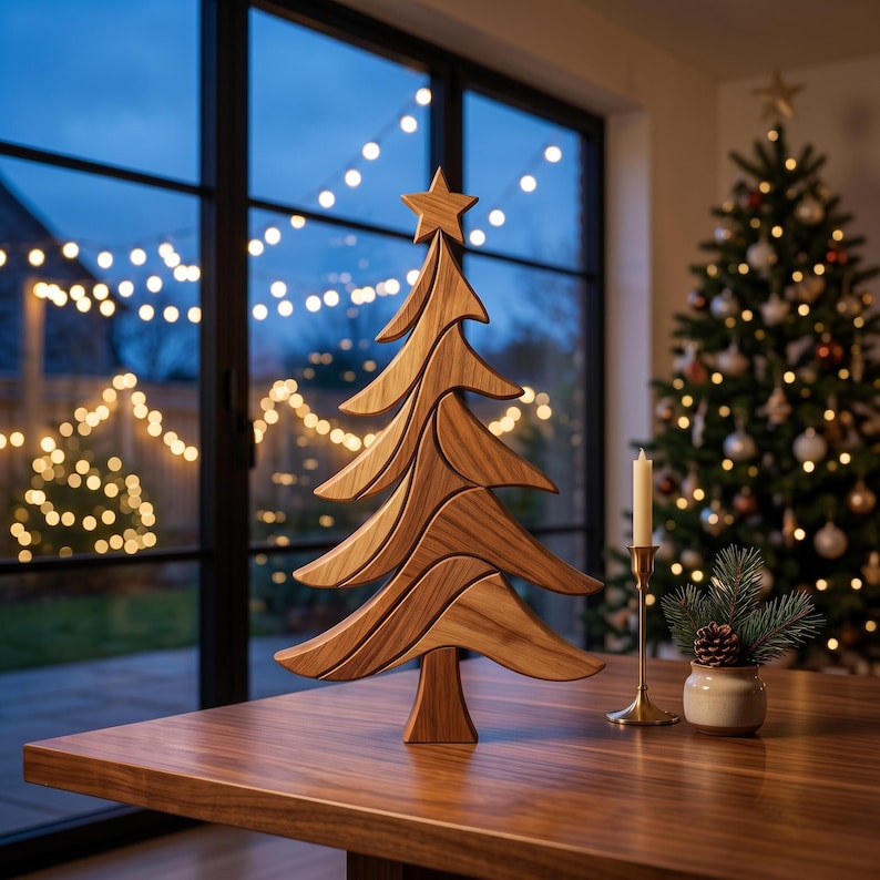 Christmas Tree Intarsia Pattern displayed on a wooden table with warm Christmas lights and a festive evening home décor background.