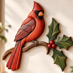 Cardinal Scroll Saw Pattern, Christmas Cardinal Intarsia, Wooden Bird Woodworking Template, Holly Branch PDF SVG EPS