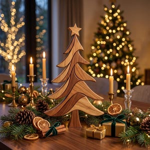 Christmas Tree Intarsia Pattern displayed as a premium handcrafted wooden holiday centerpiece with candles, ornaments, and festive Christmas decorations.