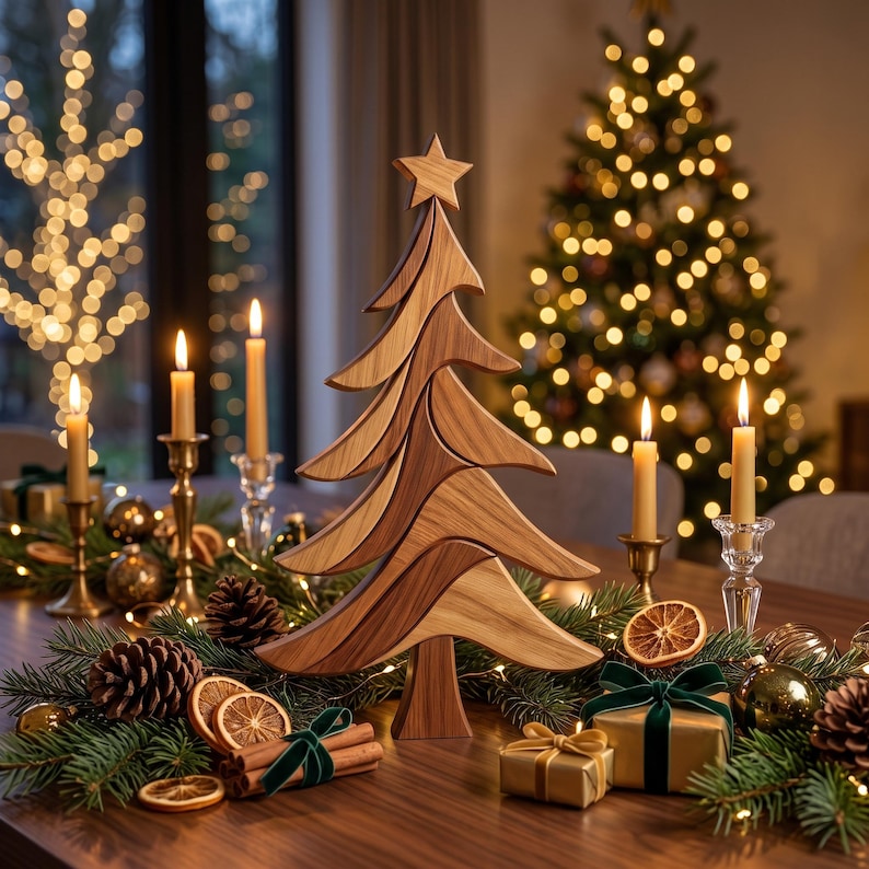 Christmas Tree Intarsia Pattern displayed as a premium handcrafted wooden holiday centerpiece with candles, ornaments, and festive Christmas decorations.