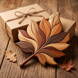 Può includere: Una scultura decorativa in legno a forma di foglia, realizzata con diverse tonalità di legno naturale, caratterizzata da venature complesse e segmenti curvi. L'oggetto riproduce una grande foglia d'acero con una finitura liscia in varie sfumature di marrone.