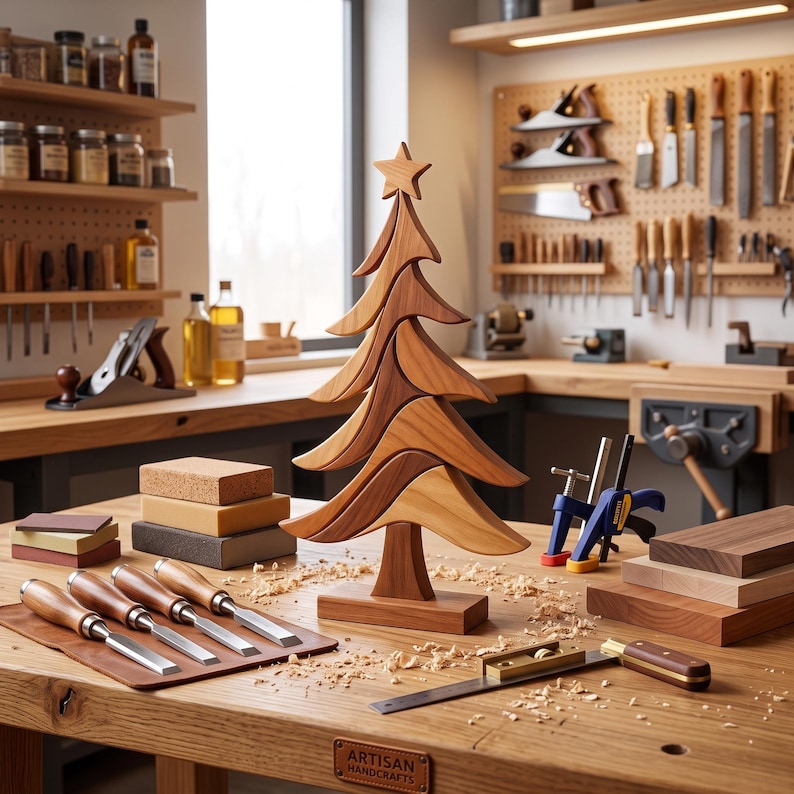 Christmas Tree Scroll Saw Pattern shown in a woodworking workshop surrounded by woodworking tools and handcrafted wooden projects.