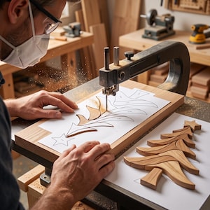 Woodworker cutting a Christmas tree intarsia scroll saw pattern on a scroll saw with partially cut wooden pieces arranged on a professional woodworking bench.