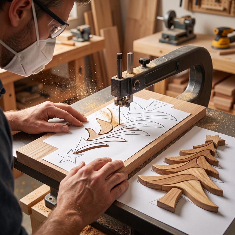 Woodworker cutting a Christmas tree intarsia scroll saw pattern on a scroll saw with partially cut wooden pieces arranged on a professional woodworking bench.