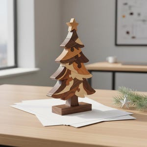 May include: A wooden Christmas tree decoration with a star on top. The tree is made of various wood tones, including light and dark brown, and is assembled in a layered design. It stands on a rectangular base and is placed on a white surface.